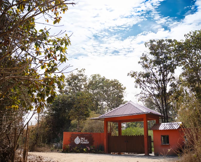 Main entrance gate of Saj in the Forest resort with the resort signage set amidst bare trees in Pench, Madhya Pradesh.