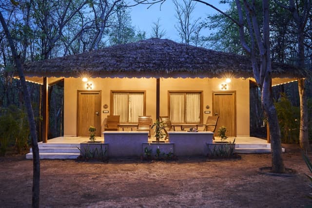 Thatched-roof forest cottage at Saj in the Forest lit up warmly at dusk with wooden seating on the private porch.