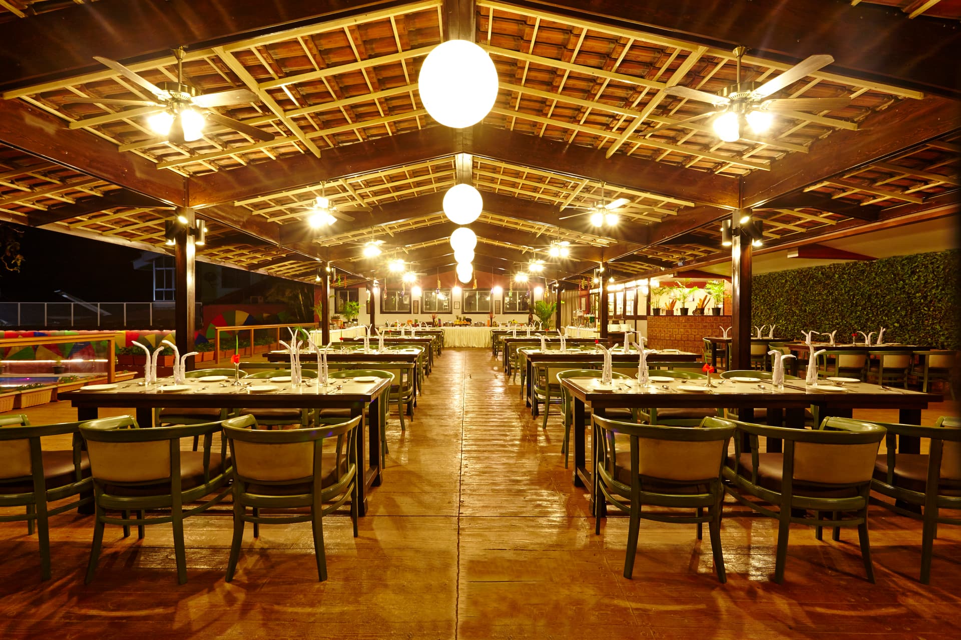 Beautifully lit outdoor restaurant for a romantic or family dinner at Saj On The Mountain.