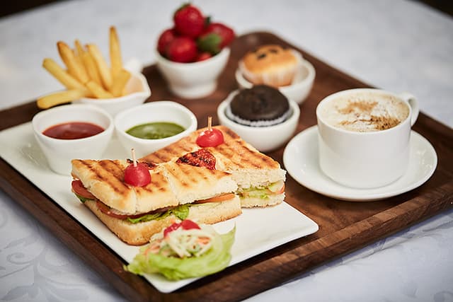 Gourmet breakfast and snack spread at Saj On The Mountain resort.