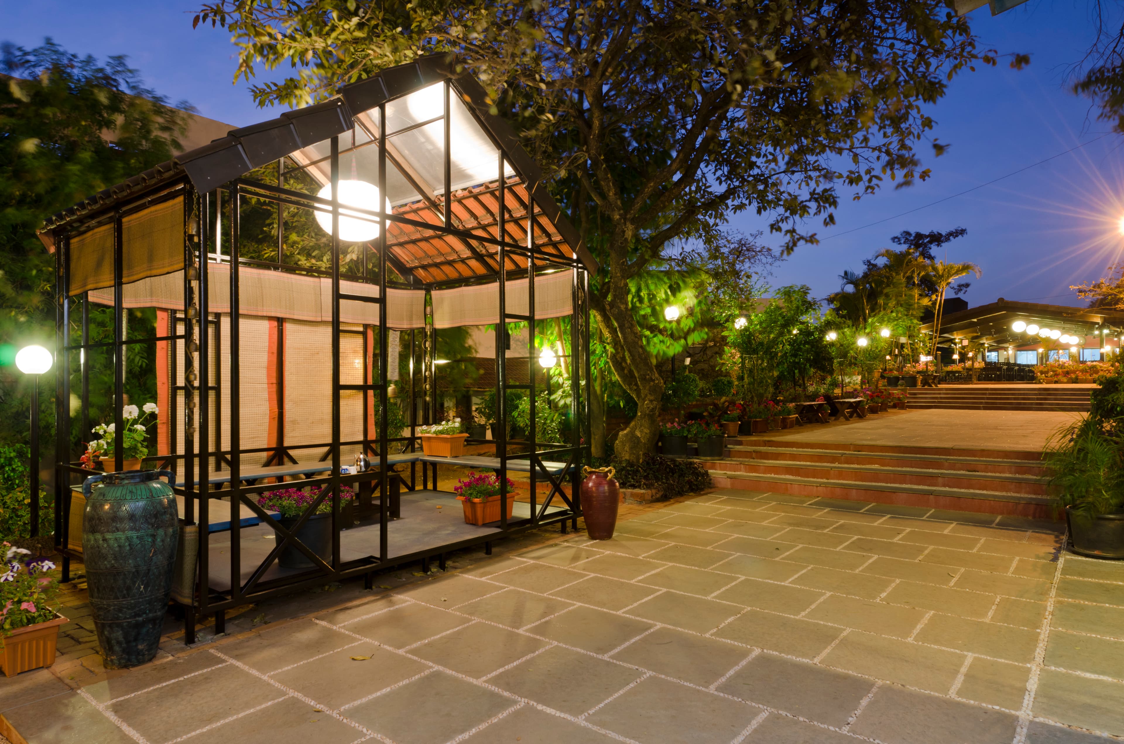 Saj On The Mountain garden pathways in the evening
